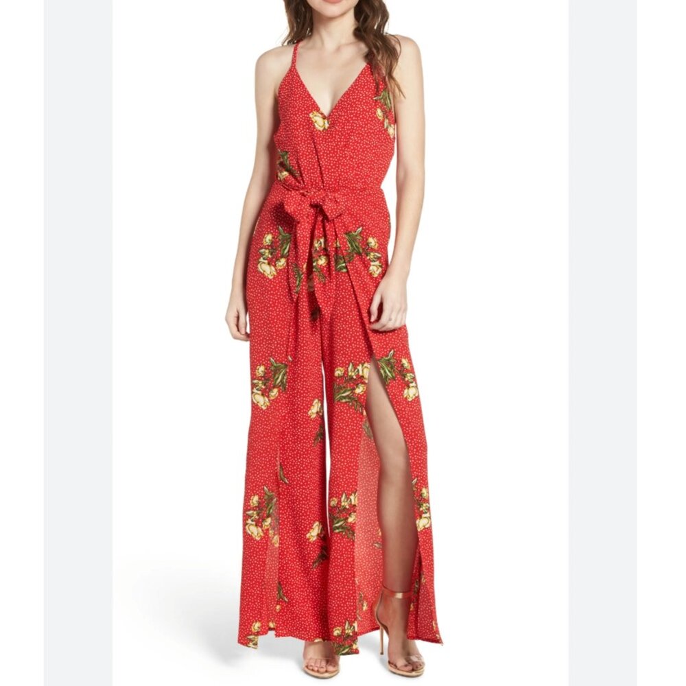 SOCIALITE Polka Dot Floral Flare Leg Jumper Jumpsuit Size Medium  Red Multicolor